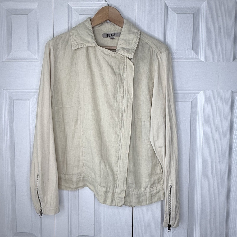 FLAX Moto Jacket Asymmetrical Lagenlook Linen Cotton Tan‎ Size Women's Small